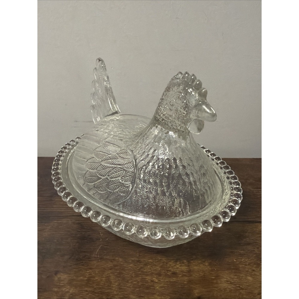 VTG Indiana Glass Oval "Hen On Nest" Covered Dish w/Beaded Edge 7 in, CLEAR - Picture 5 of 8